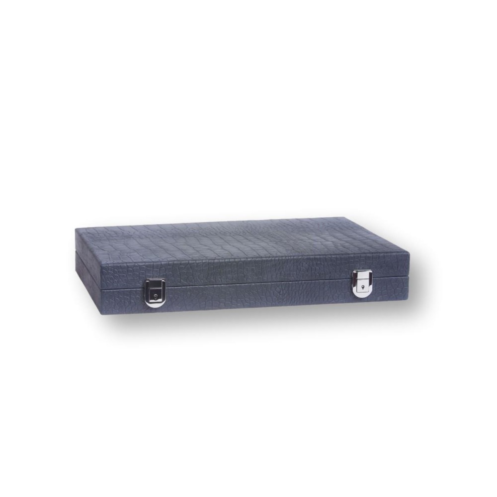 Coffret de backgammon large Hector Saxe en cuir alligator bleu pétrole avec pions nacrés 37mm