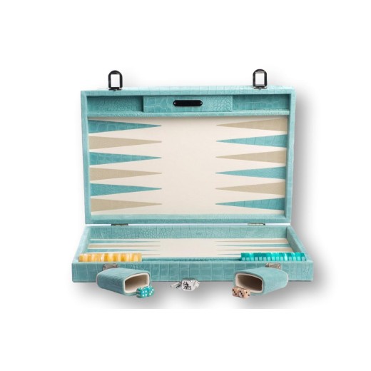 Coffret de backgammon large Hector Saxe en cuir grainé façon alligator bleu ciel avec pions nacrés 37mm