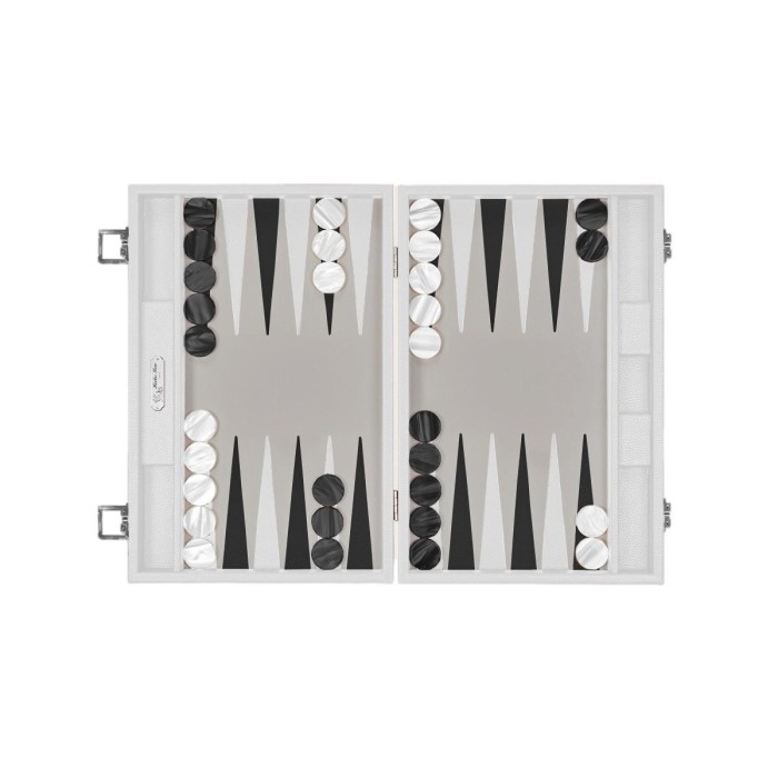 Large Hector Saxe white buffalo-grain leather backgammon case with pearlescent checkers and chrome latches
