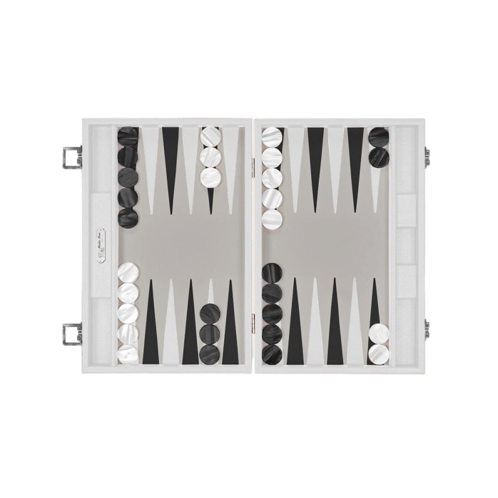 Mallette de backgammon large Hector Saxe en cuir grainé façon buffle blanc avec pions nacrés et fermetures chromées