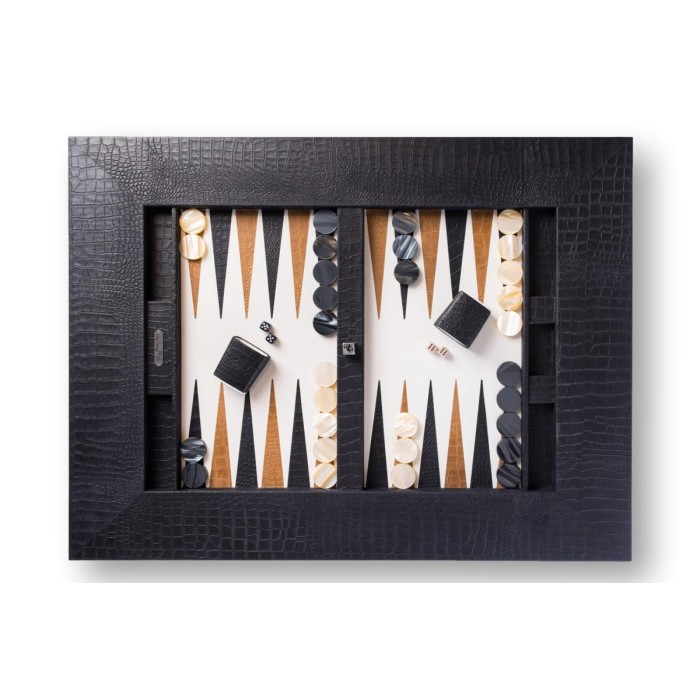 Table de Backgammon en Cuir - Effet Alligator - Pieds Métal en U