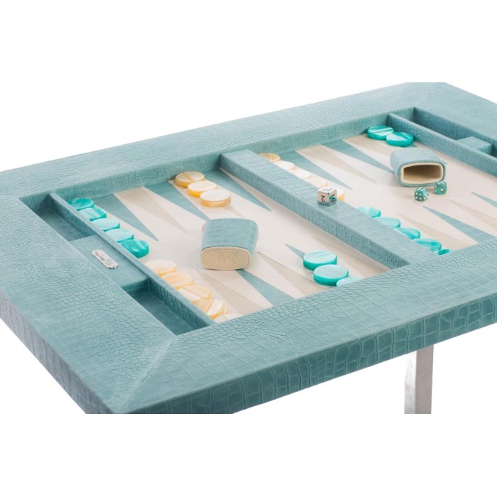 Table de Backgammon en Cuir - Effet Alligator - Pieds Métal en U