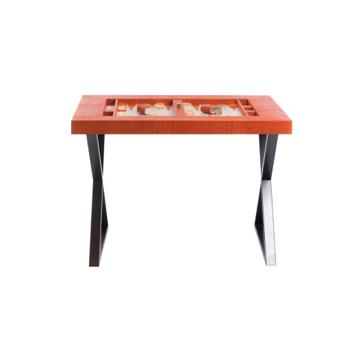 Table de Backgammon en Cuir - Effet Alligator - Pieds Métal en X