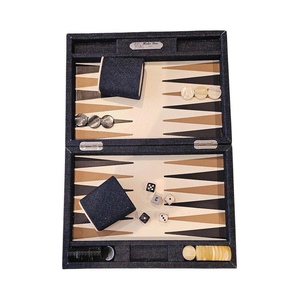 Backgammon Small Cuir Buffle Denim Beige